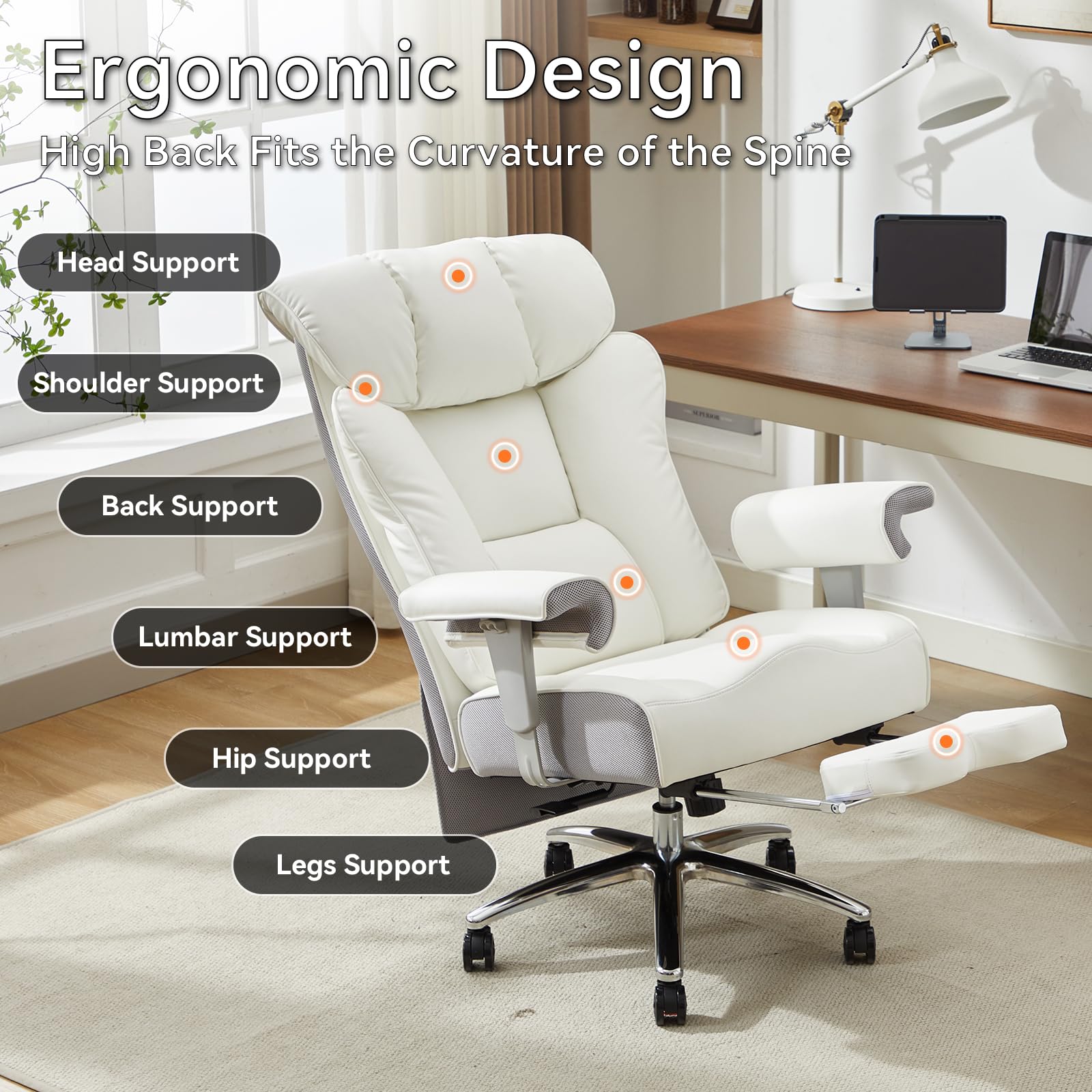 Big and Tall Office Chair with Footrest, 450lbs High Back Executive Chair with Spring Cushion, PU Leather Upholstery, Padded Armrests, Swivel Base, and Rolling Wheels – White Computer Chair