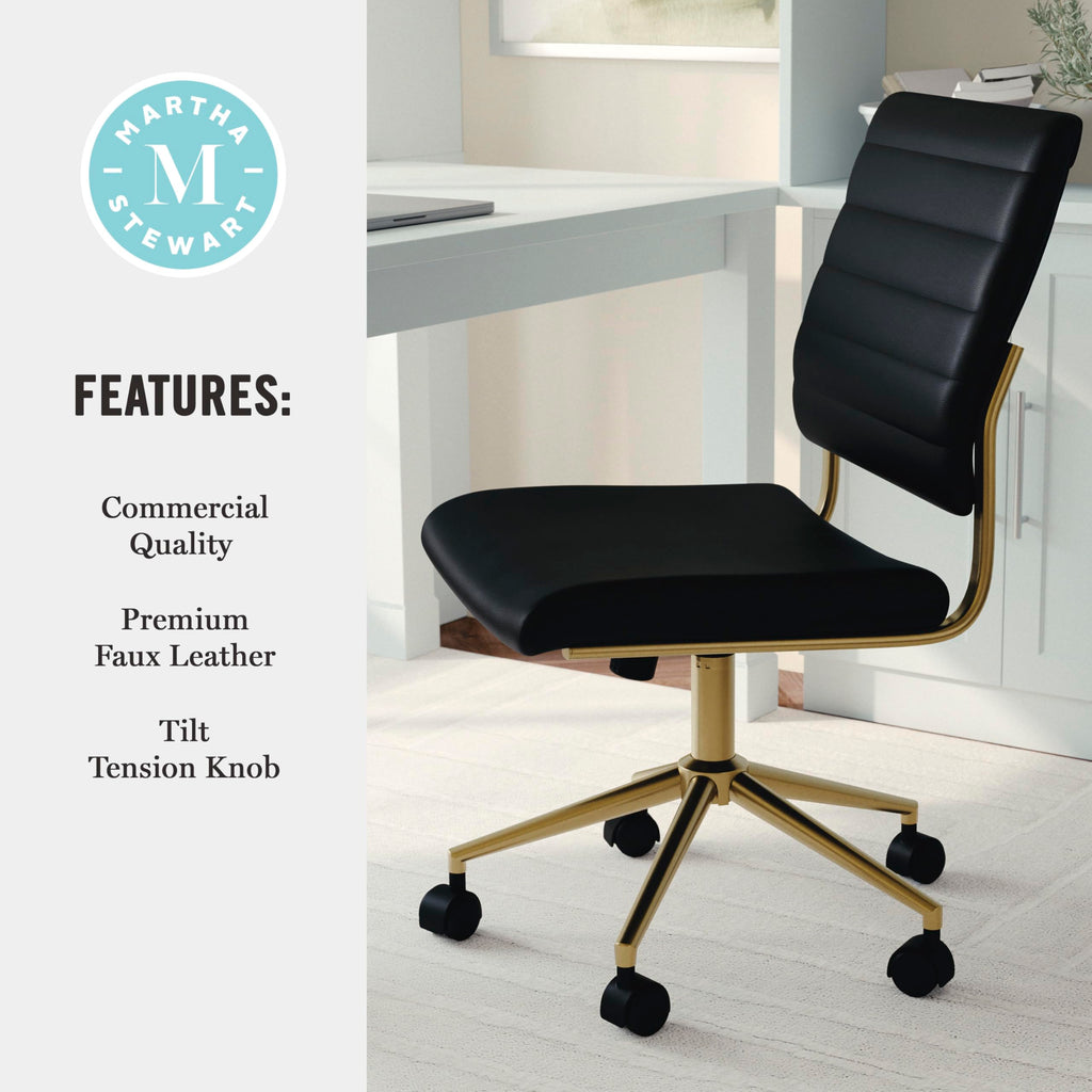 Armless Swivel Task Chair for Home Office in Black Faux Leather with Polished Brass Frame