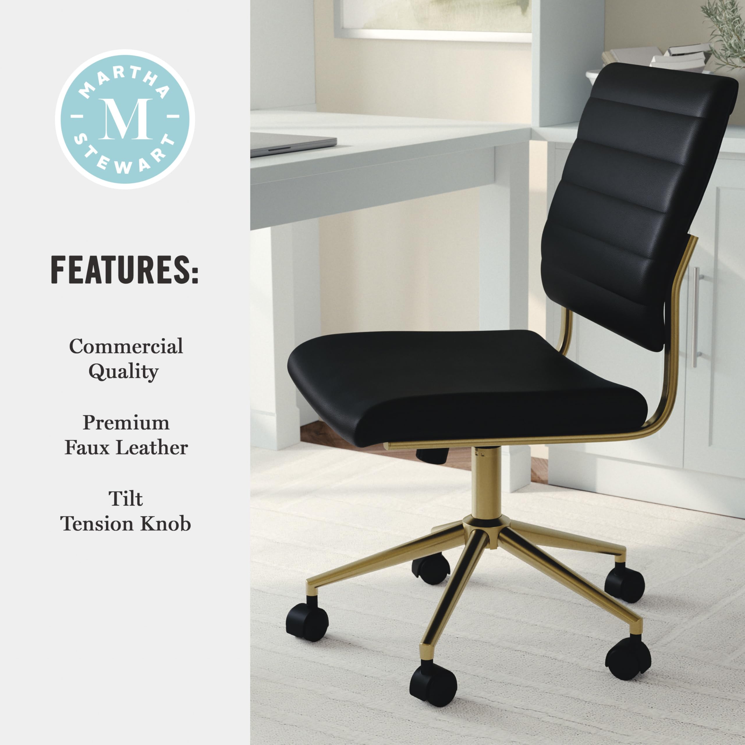 Armless Swivel Task Chair for Home Office in Black Faux Leather with Polished Brass Frame
