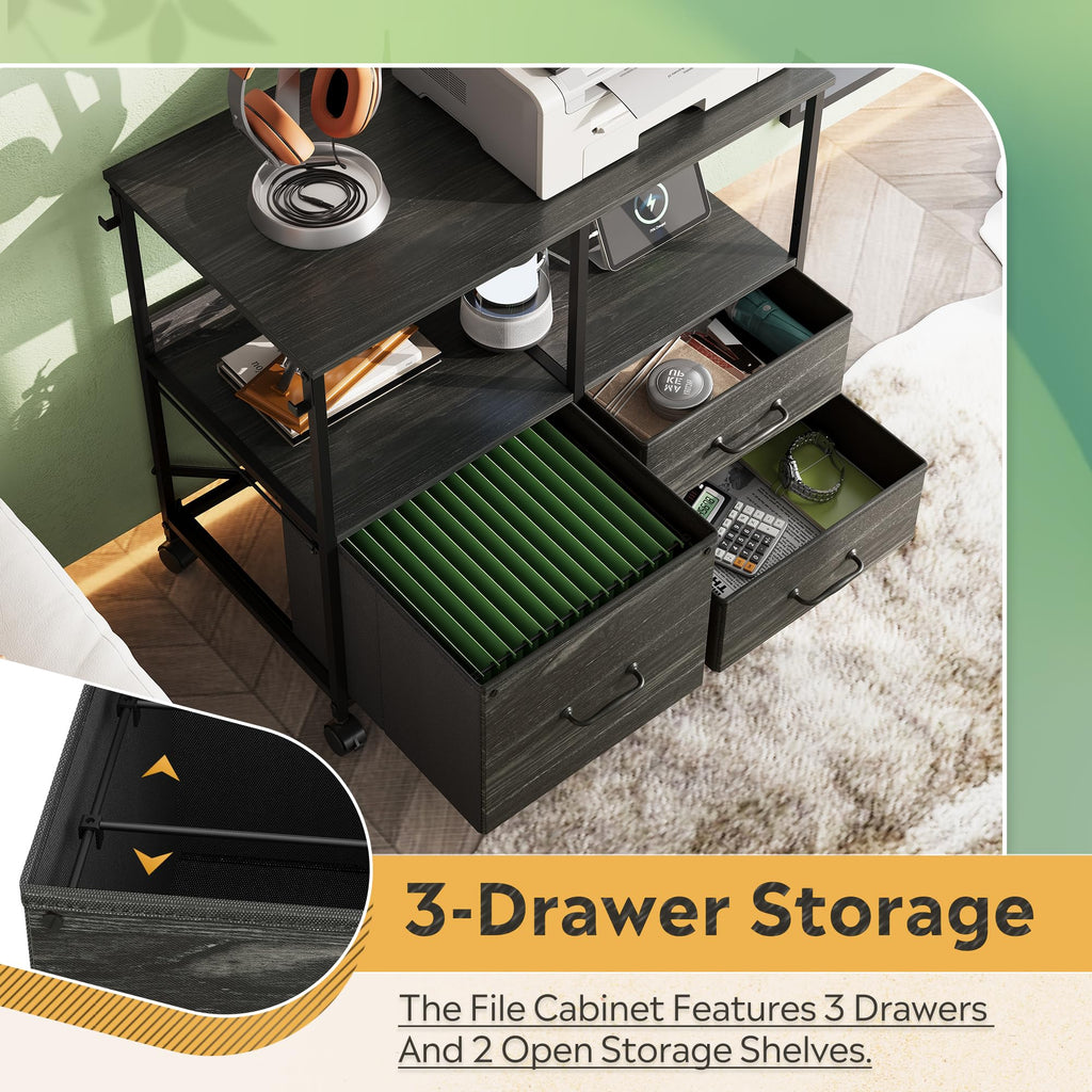 3 Drawer Mobile File Cabinet with Storage Shelf, Charging Station