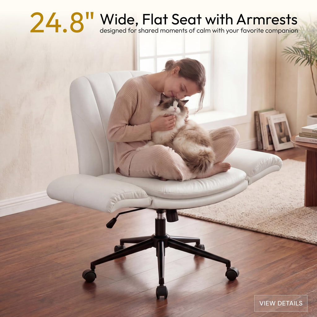 Criss Cross Chair with Five-Level Adjustable Arms and Wheels - Comfortable Ergonomic PU Leather Swivel Vanity Chair - Computer Makeup Gaming Chair for Home Office, Bedroom, Vanity Room (Beide)