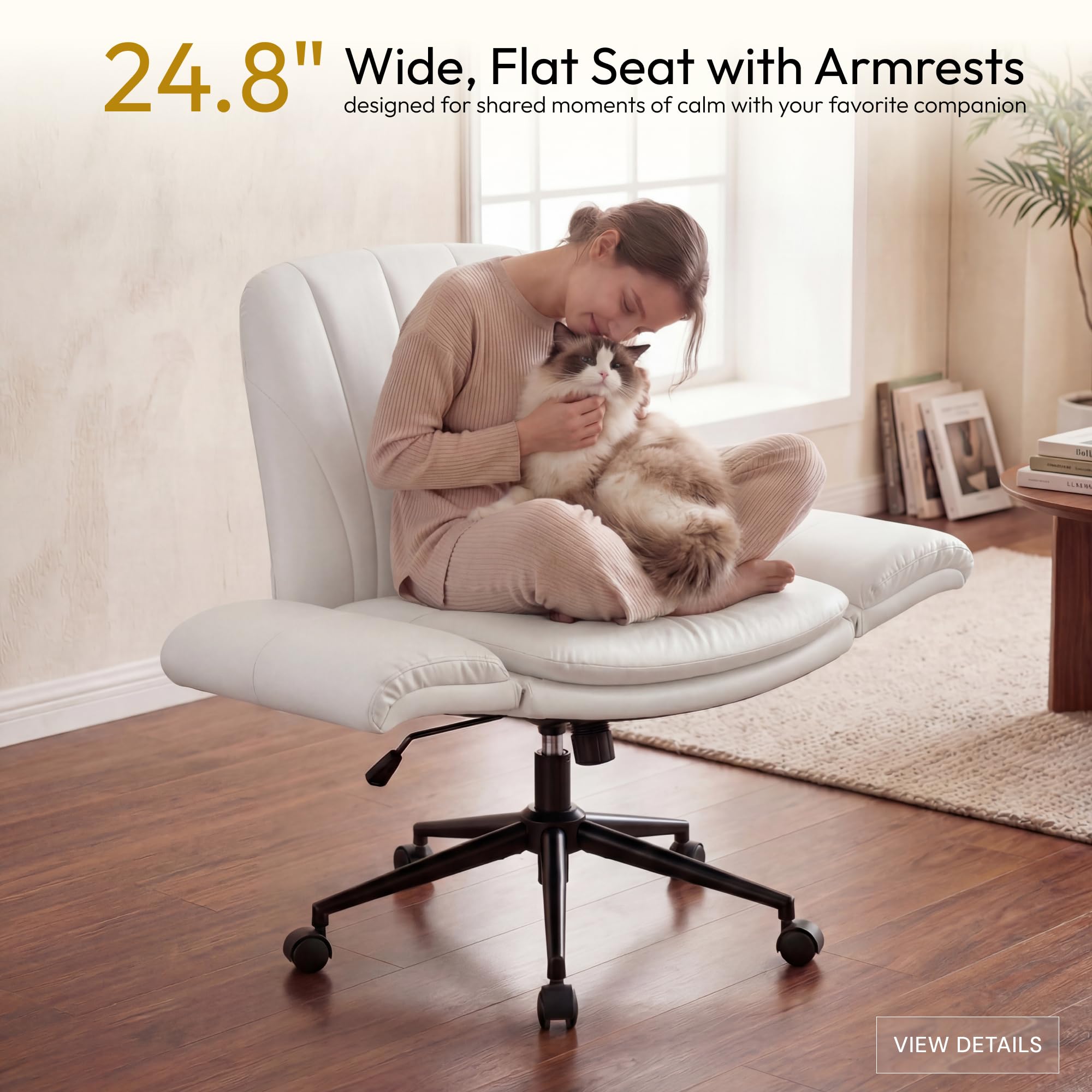 Criss Cross Chair with Five-Level Adjustable Arms and Wheels - Comfortable Ergonomic PU Leather Swivel Vanity Chair - Computer Makeup Gaming Chair for Home Office, Bedroom, Vanity Room (Beide)