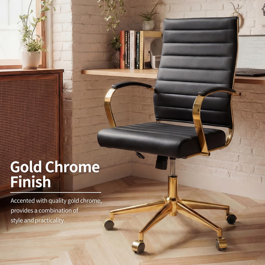 Gold Office Desk Chair, Ergonomic Leather Modern Conference Room Chairs, Executive Ribbed Height Adjustable Swivel Rolling Golden Chair for Home Office.