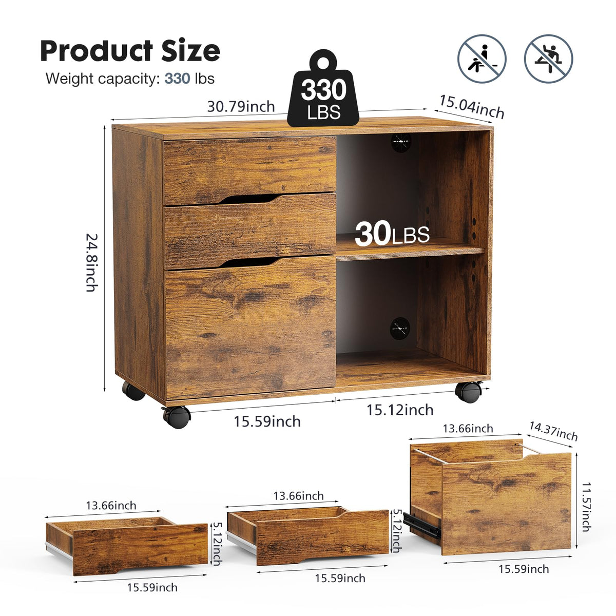 File Cabinet with 3 Drawers, Wood Under Desk Storage Printer Stand