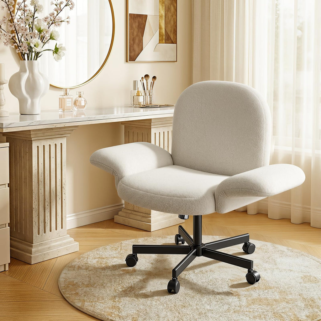 Criss Cross Office Chair with Adjustable Armrests & Wheels, Vanity Chair with Wide Cushion, Reclining Back, Soft Chenille Fabric, Desk Chair for Home Office, Makeup Room, Bedroom, White