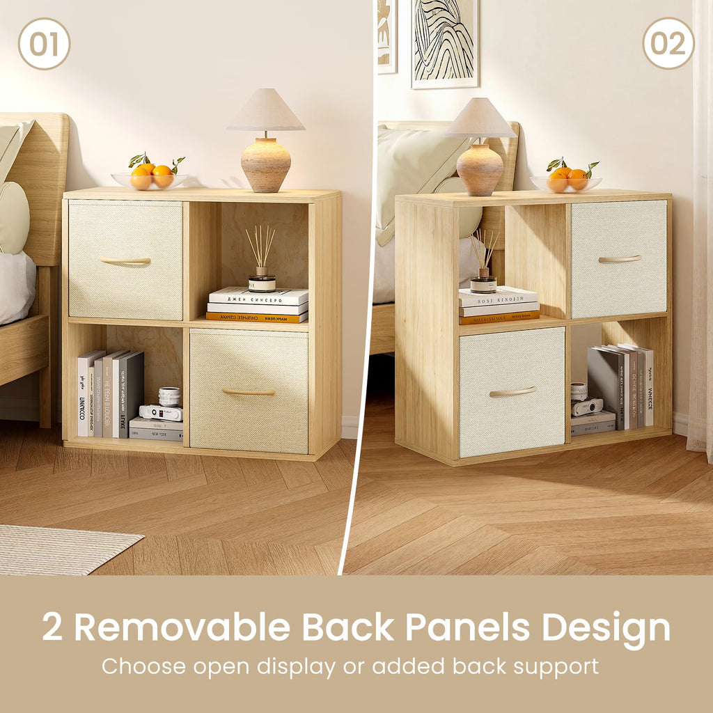 4 Cube Storage Organizer - Solid Wood Bookshelf with 2 Storage Bins, Cube Shelf with 2 Removable Back Panels, Vertical or Horizontal Bookcase, Open Book Shelf for Bedroom, Living Room, Office