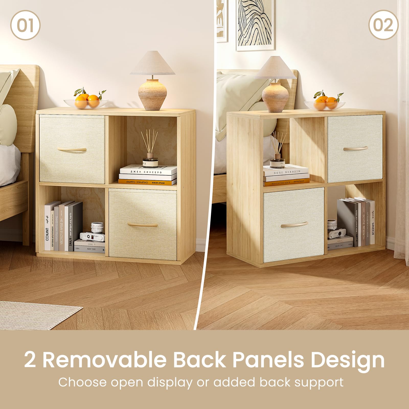 4 Cube Storage Organizer - Solid Wood Bookshelf with 2 Storage Bins, Cube Shelf with 2 Removable Back Panels, Vertical or Horizontal Bookcase, Open Book Shelf for Bedroom, Living Room, Office
