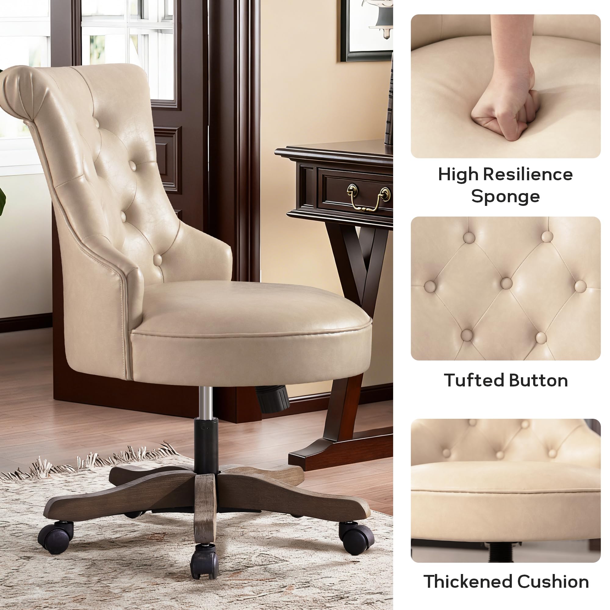 Home Office Chair Upholstered PU Leather Armless Desk Chair with Wheels Adjustable Height Computer Desk Chair with Wooden Legs Comfortable Swivel Chair for Home Office Study Studio (Light Taupe)