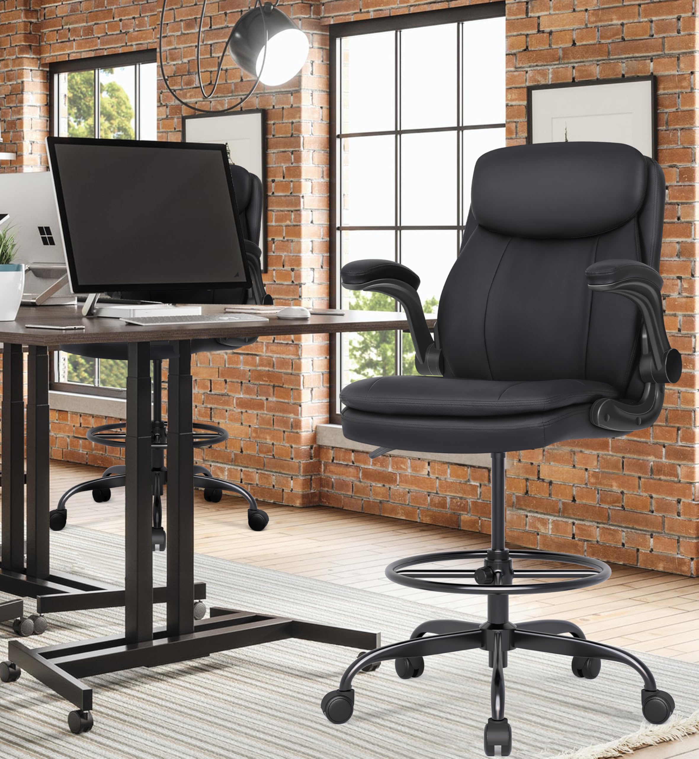 Drafting Chair, Tall Office Chair for Standing Desk, High Leather Executive Office Chair with Adjustable Height and Flip-up Armrest for Counter Height Desk
