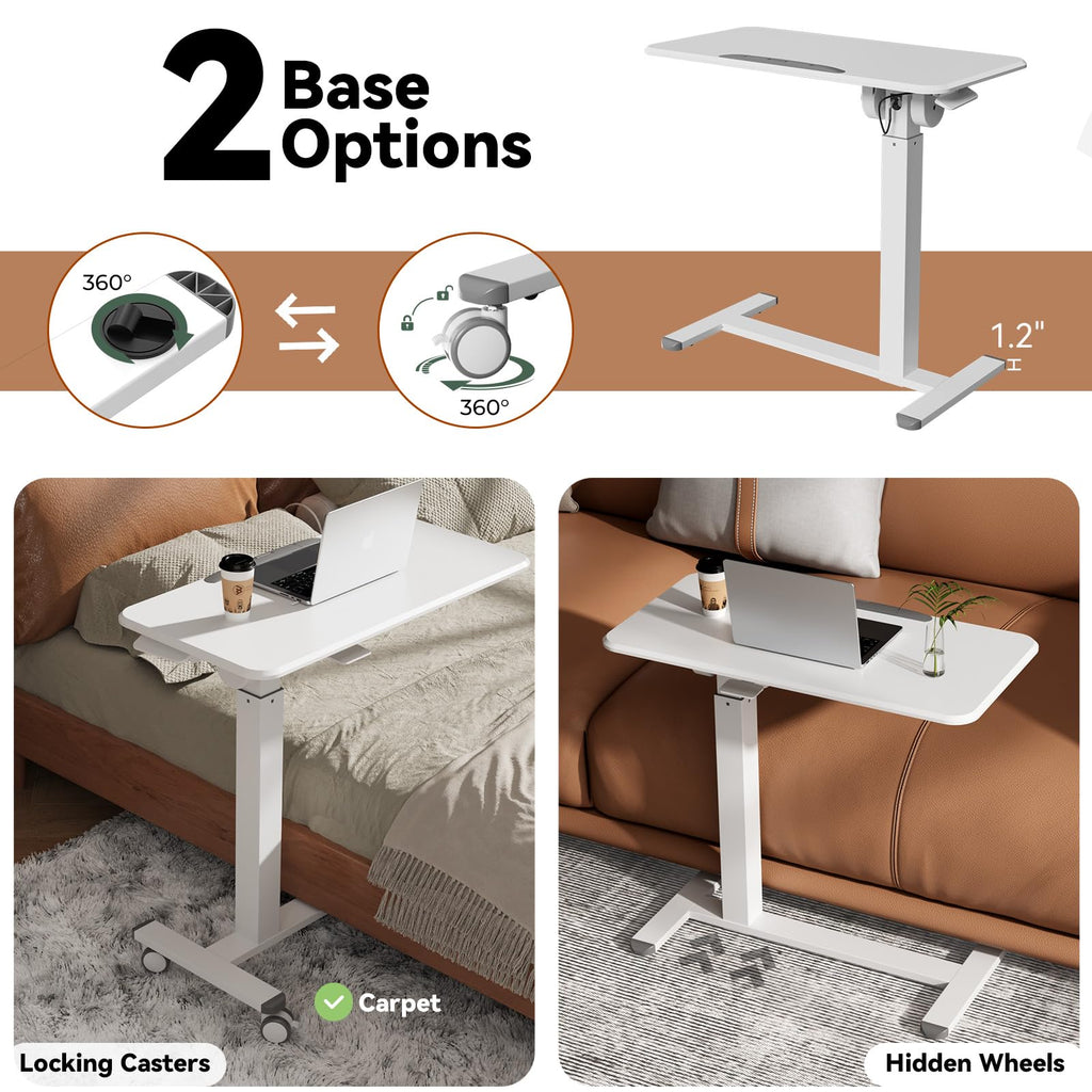 Mobile Standing Desk, Height Adjustable Left/Right Overbed Bedside Table, 90° Tiltable Portable Laptop Desk with Wheels, Foldable Computer Cart for Hospital Home Use, White