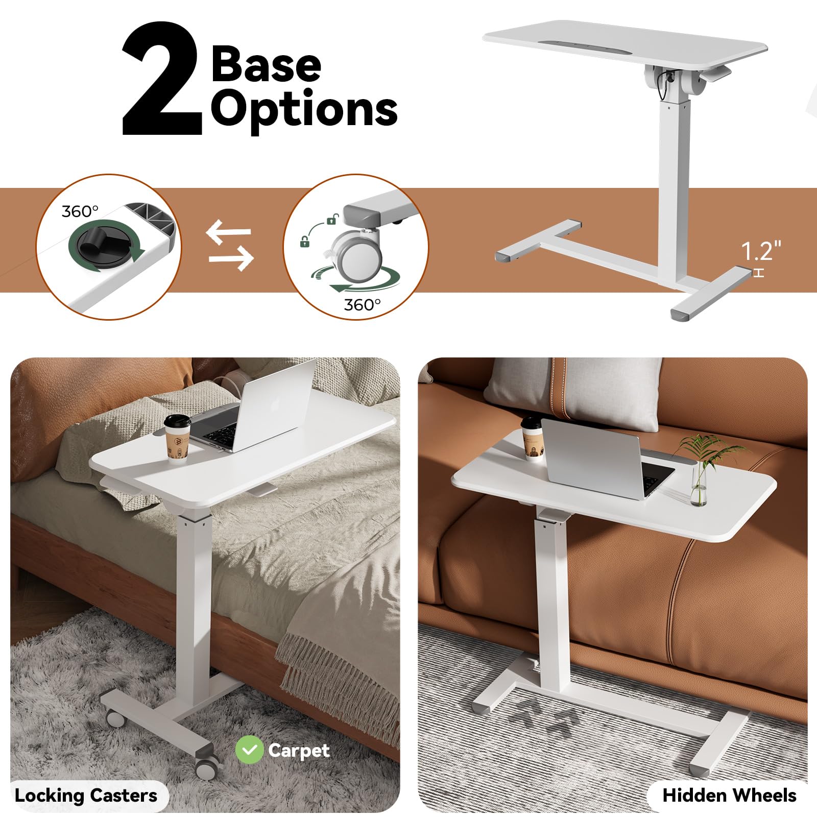 Mobile Standing Desk, Height Adjustable Left/Right Overbed Bedside Table, 90° Tiltable Portable Laptop Desk with Wheels, Foldable Computer Cart for Hospital Home Use, White