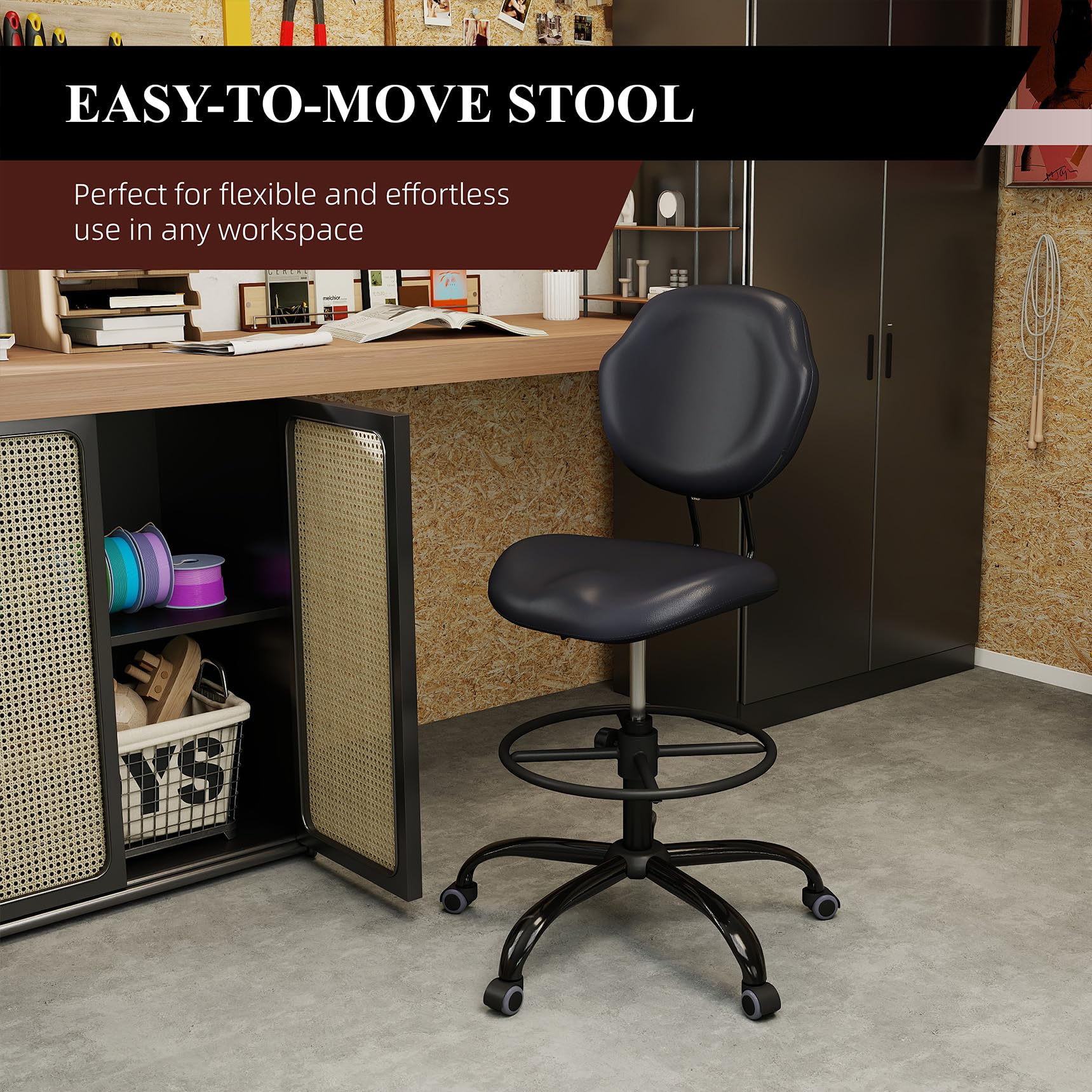 (Black, 6 Pack), Drafting Chair with Back Support, Tall/High Desk Rolling Stool, Faux Leather Office Chair with Height Adjustable for Standing Desk, Home Office, Bar, Workbench & Kitchen