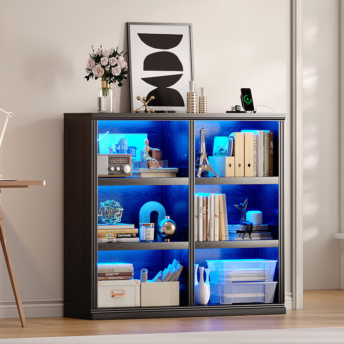 6-Cube LED Bookshelf with Motion Sensor and USB Type-C - Black