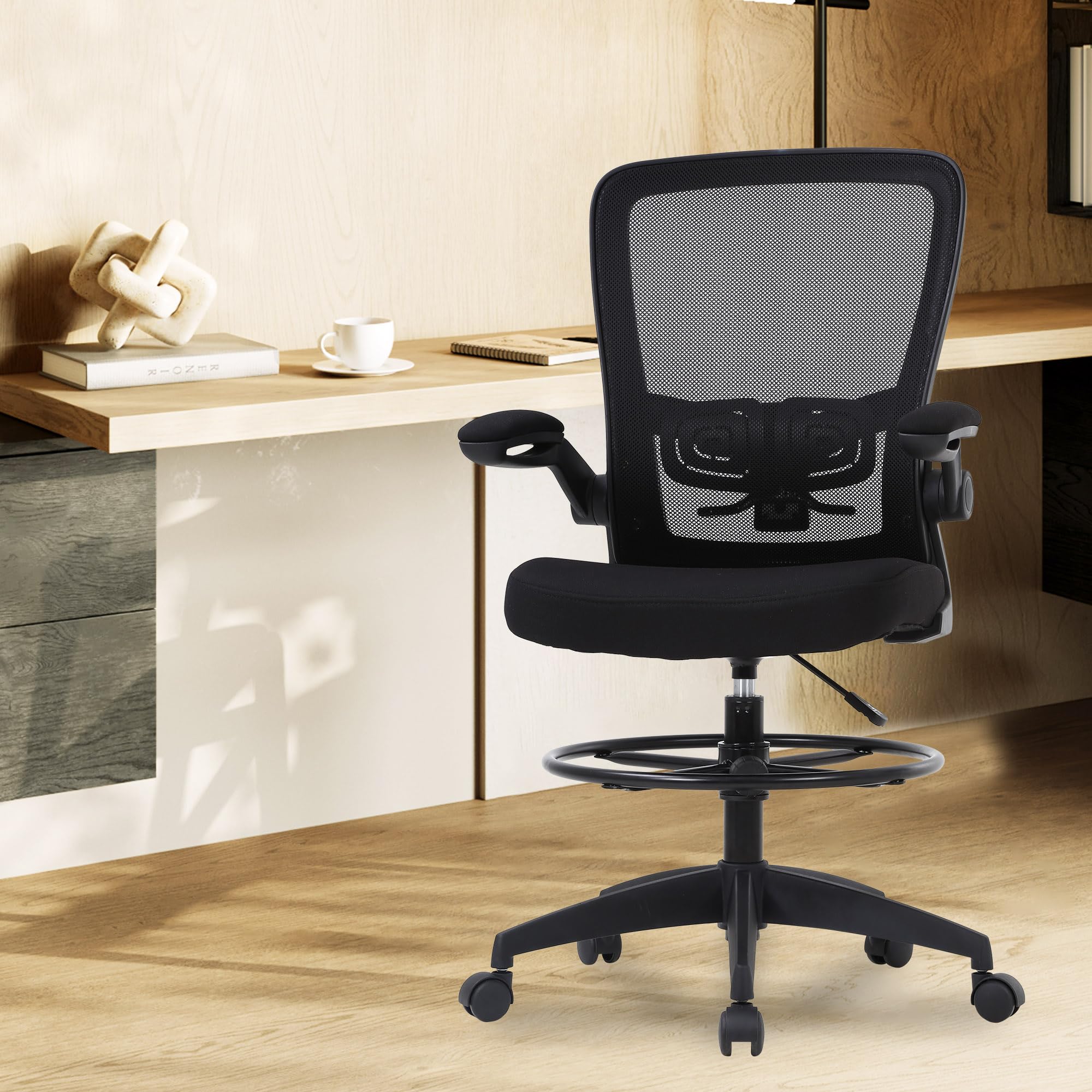 Drafting Chair Tall Office Chair Adjustable Height with Lumbar Support Flip Up Arms Footrest Mid Back Task Mesh Desk Chair Computer Chair Drafting Stool for Standing Desk (B-Black)