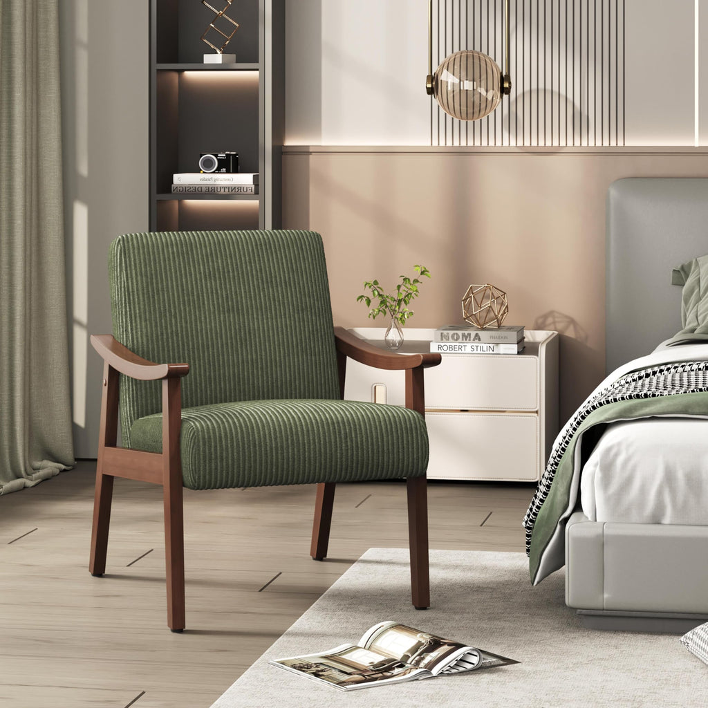 Corduroy Accent Chair, Mid-Century Modern Armchair with Solid Wood Legs, Reading Leisure Chair with High Back for Living Room Bedroom Waiting Room Dark Green