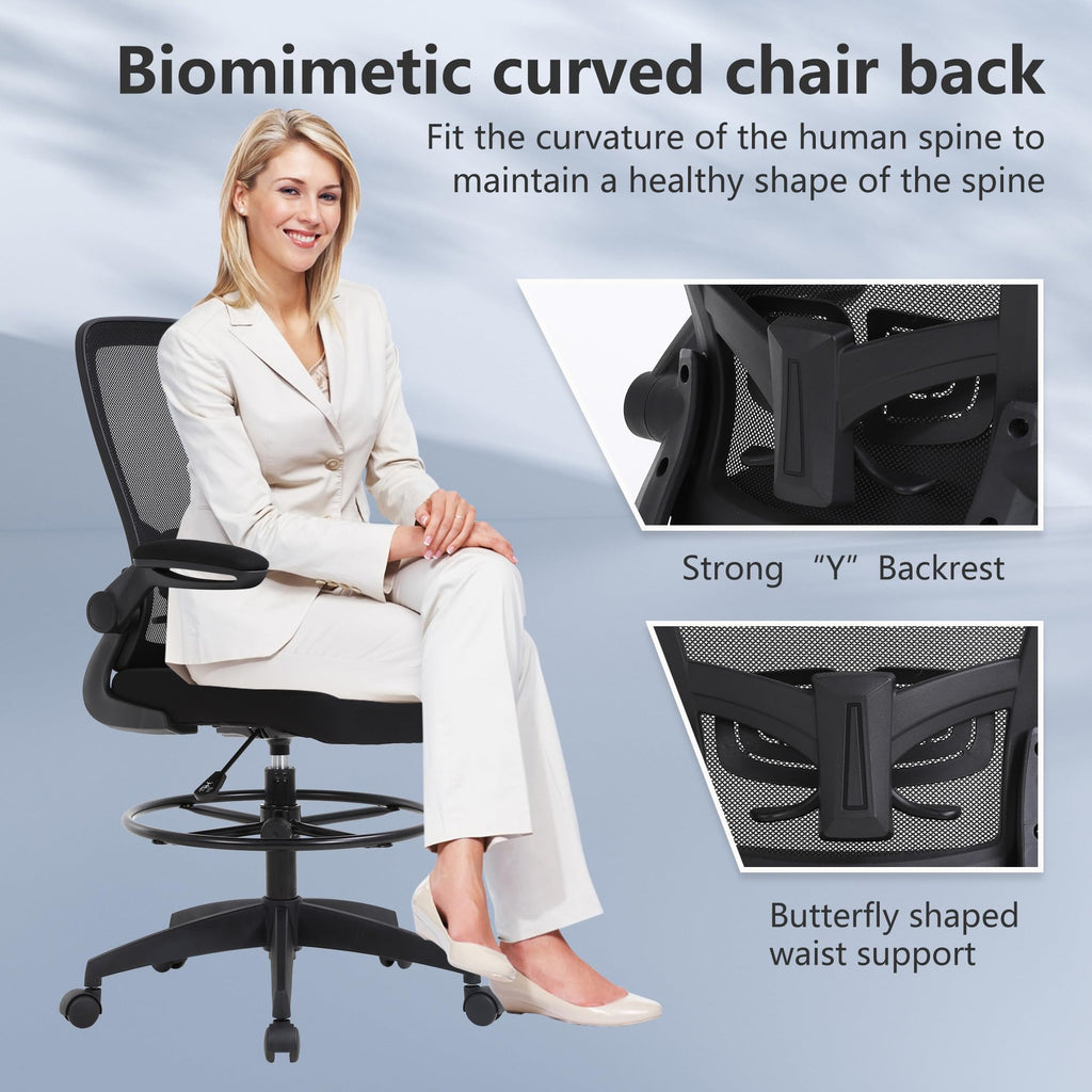 Drafting Chair Tall Office Chair Adjustable Height with Lumbar Support Flip Up Arms Footrest Mid Back Task Mesh Desk Chair Computer Chair Drafting Stool for Standing Desk (B-Black)