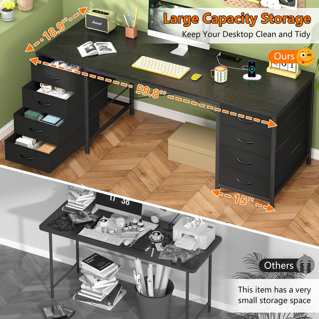 60 Inch Computer Desk with 8 Drawers, Home Office Desk with Power Outlets, Work Study Gaming Desk with 8 Fabric Drawers, Black
