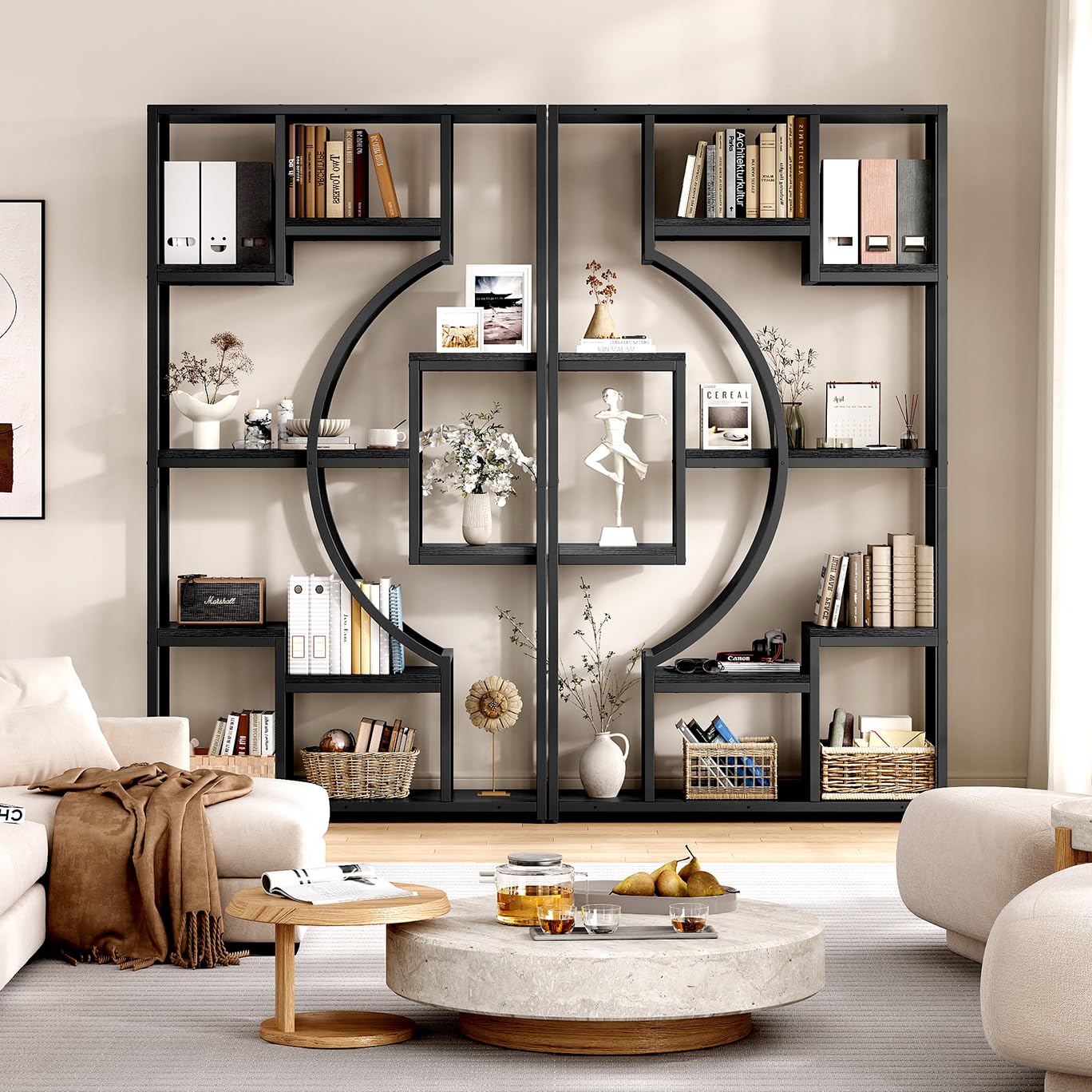 Bookshelf Set of 2 with Metal Frame, 5 Tier Geometric Bookcase, Adjustable Modern Book Shelf with 18 Open Storage Shelves, Display Shelf for Living Room, Office, Bedroom,Black