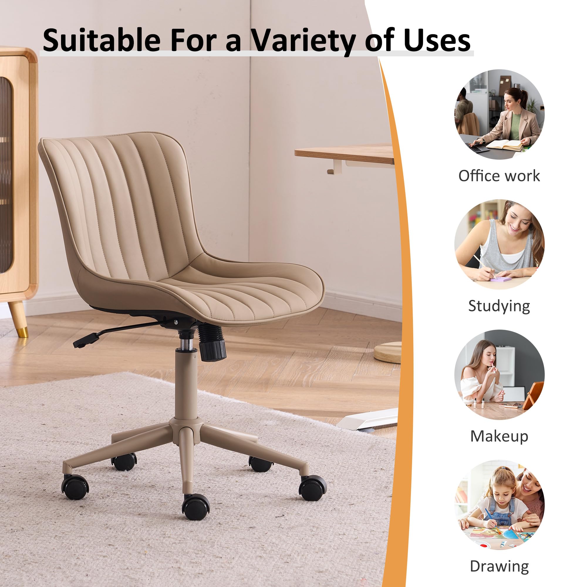 Home Office Desk Chair with Wheels Armless Vanity Chair with Back Comfy Modern Leather Upholstered Rolling Task Chair Swivel Small Cute Sewing Chair No Arms Wide Adjustable Ergonomic All Khaki