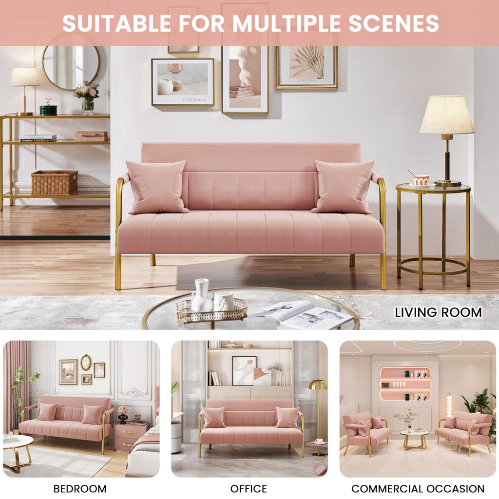 56.5" W Modern Sofa Small Sofa Luxurious Velvet Fabric Couch with Gold-Tone Metal Arms and Legs for Living Room, Office, Studio Pink