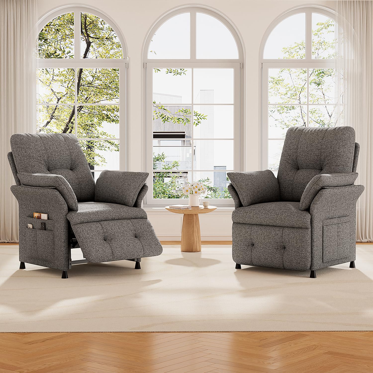 Power Recliner Chair for Adults with Heat & Massage - Linen Electric Reclining Sofa with Remote Control, 3 Side Pockets, 180° Lay Sleeper for Living Room Home Theater, Light Grey