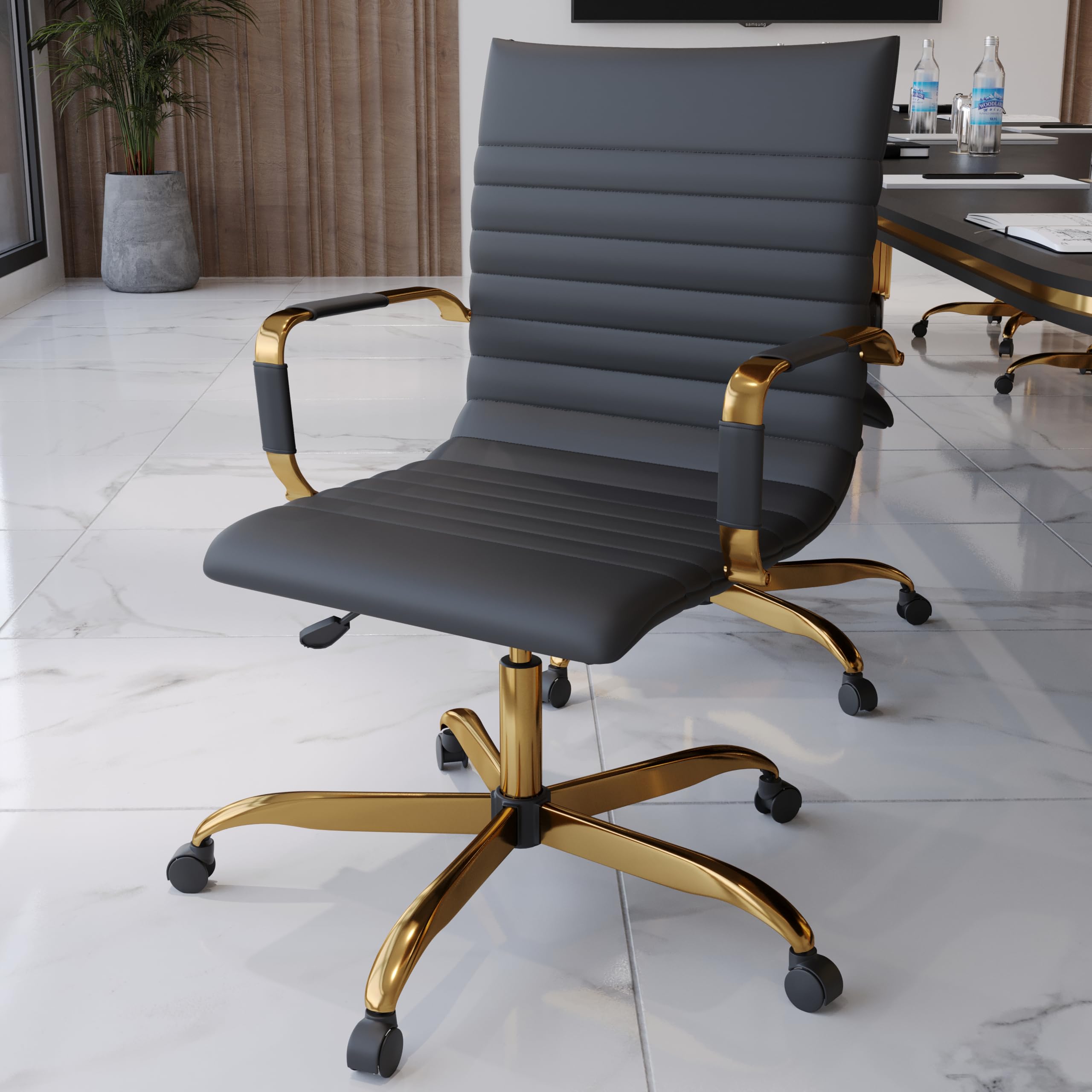 Modern Ergonomic Executive Office Chair, High-Back Leather Conference Desk Chair with Adjustable Height, Tilt Control, 360° Swivel & Gold Frame for Home Office