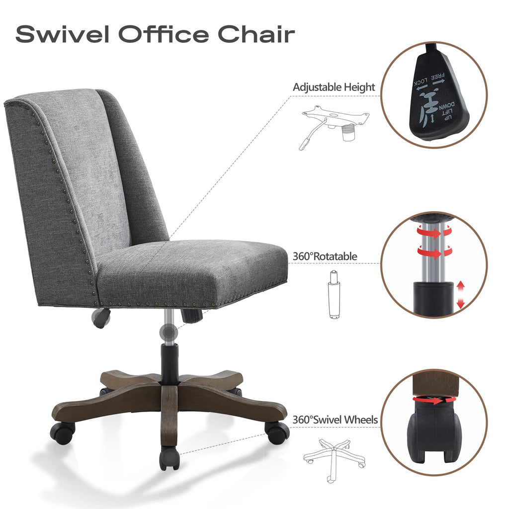 Upholstered Armless Home Office Chair with Wooden Legs, Modern Office Desk Chair No Arms Sewing Chair Adjustable Swivel Desk Chair for Farmhouse Office Study Studio (Dark Gray)