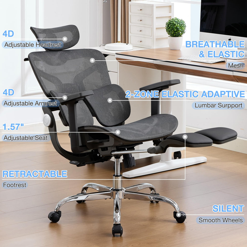 Ergonomic Mesh Office Chair with 2-Zone Lumbar Support and Footrest,Black