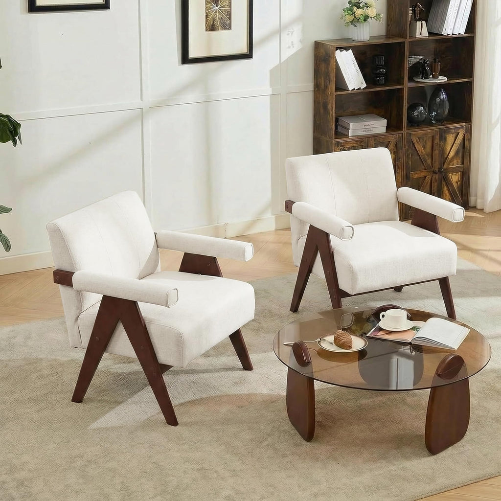 White Mid Century Modern Accent Chair, Solid Wood Frame White Linen Armchairs, Modern Reading & Living Room Chairs for Office Guest & Waiting Room