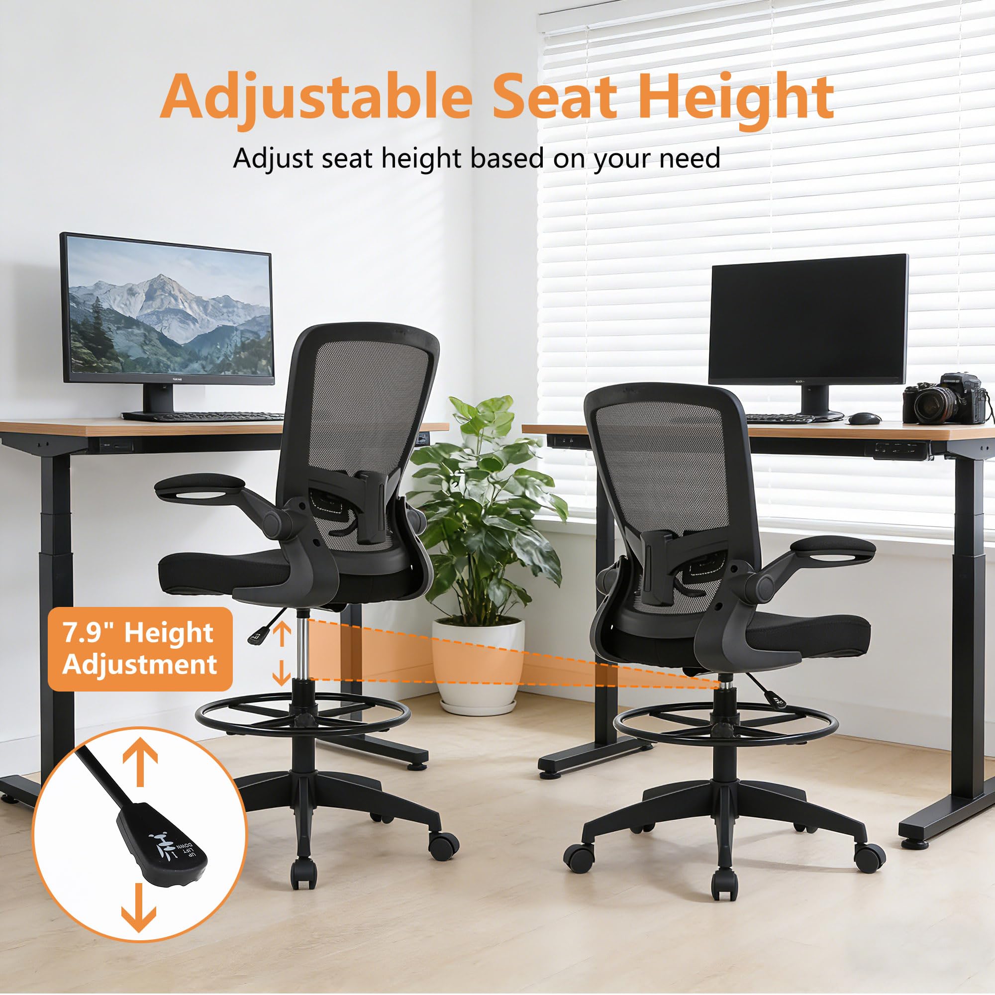 Drafting Chair Tall Office Chair Adjustable Height with Lumbar Support Flip Up Arms Footrest Mid Back Task Mesh Desk Chair Computer Chair Drafting Stool for Standing Desk