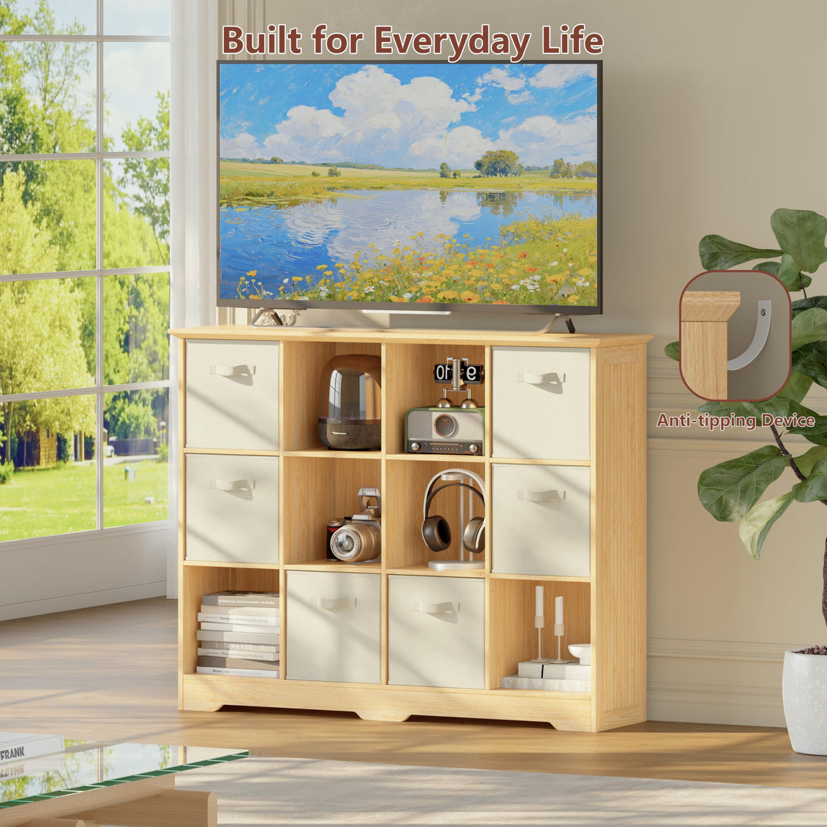 12 Cube Storage Organizer with 6 Fabric Drawers and Removable Shelves — Modular Cube Bookshelf for Bedroom, Living Room, or Home Office, Short Cube Bookcase for Toys, Decor,Natural Wood