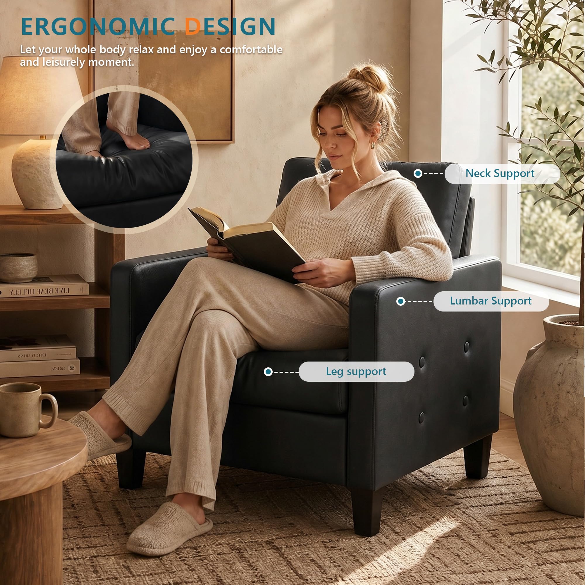 Accent Chair, Black Leather Chair, Mid-Century Modern Living Room Chairs, Cozy Office Reading Chair with Tufted Seat and Armrest, Reception Armchairs for Bedroom, Waiting Room