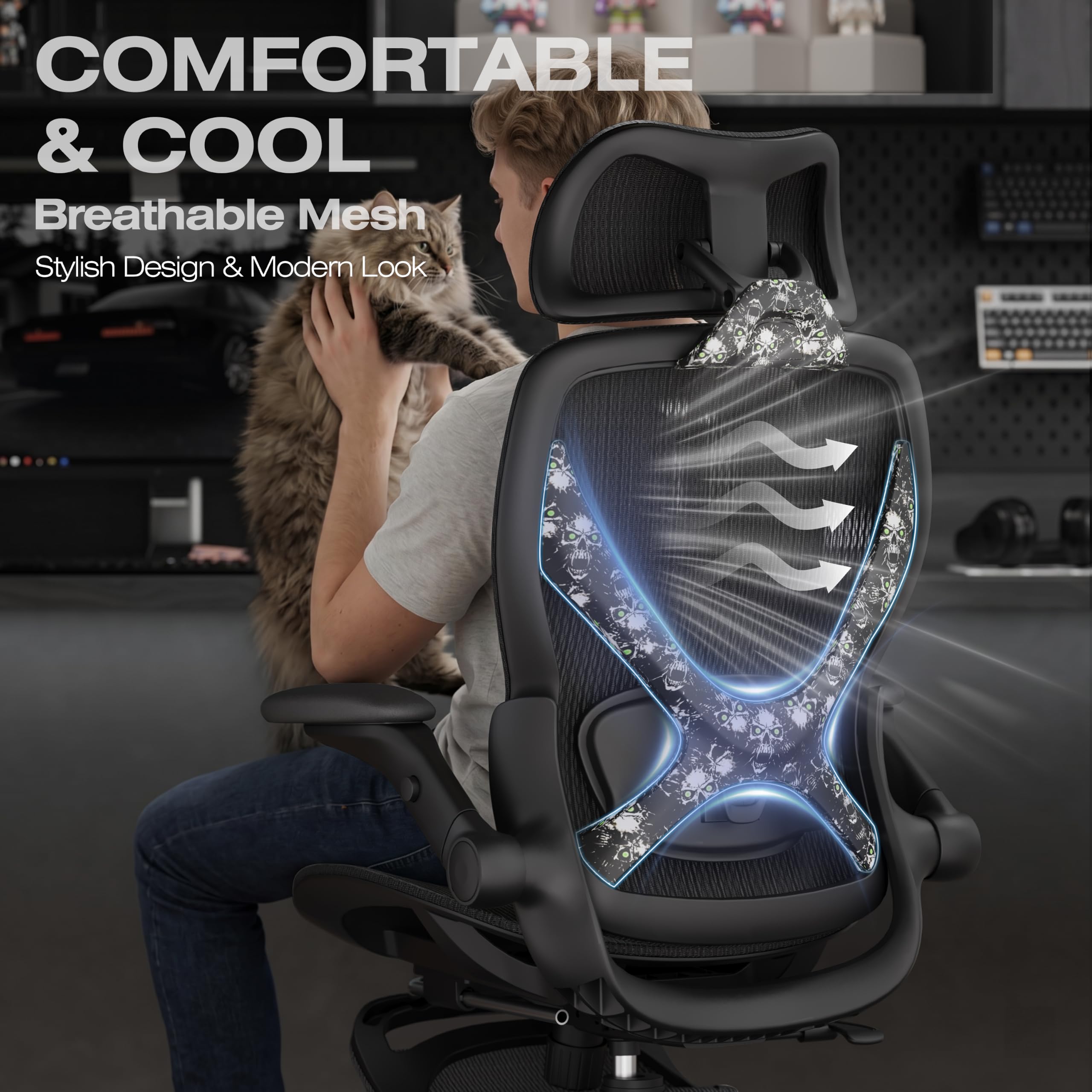 X100 Ergonomic Mesh Office Chair with Footrest, Big and Tall Home Desk Chair with 5D Flip-Up Arms, Adjustable 3D Lumbar Support, Gaming & Executive Computer Chair, Night Reaper