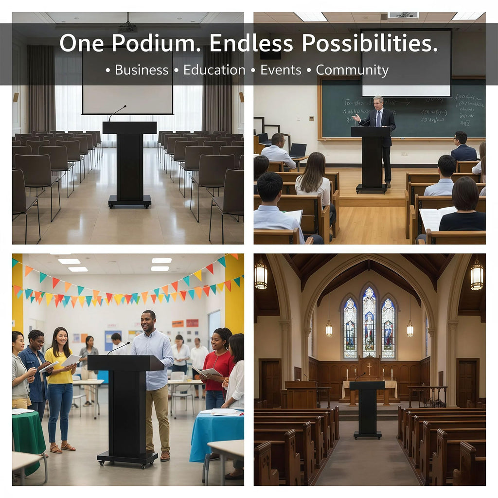 Podium Stand with 4 Locking Wheels, Heavy-Duty Metal Lectern with Large Lockable Storage Cabinet, Flat Desktop for Church, School, Office, and Conference, 43.7" H, Black