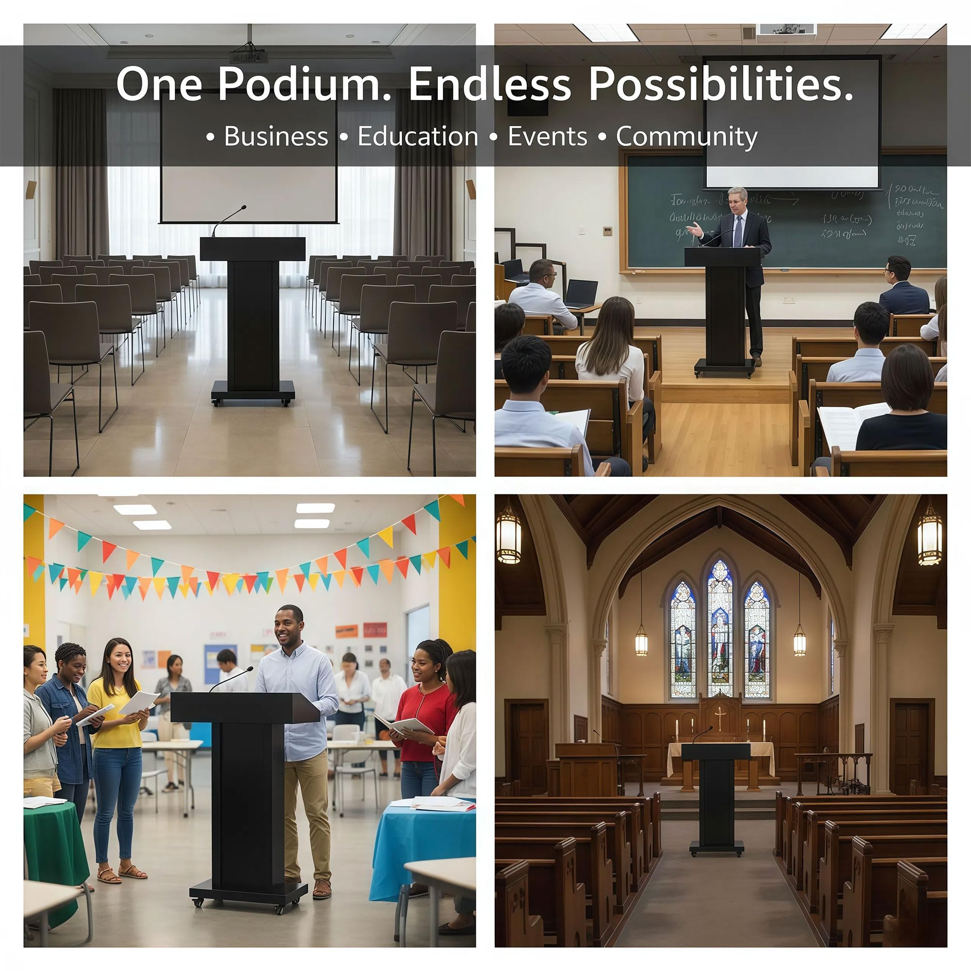 Podium Stand with 4 Locking Wheels, Heavy-Duty Metal Lectern with Large Lockable Storage Cabinet, Flat Desktop for Church, School, Office, and Conference, 43.7" H, Black