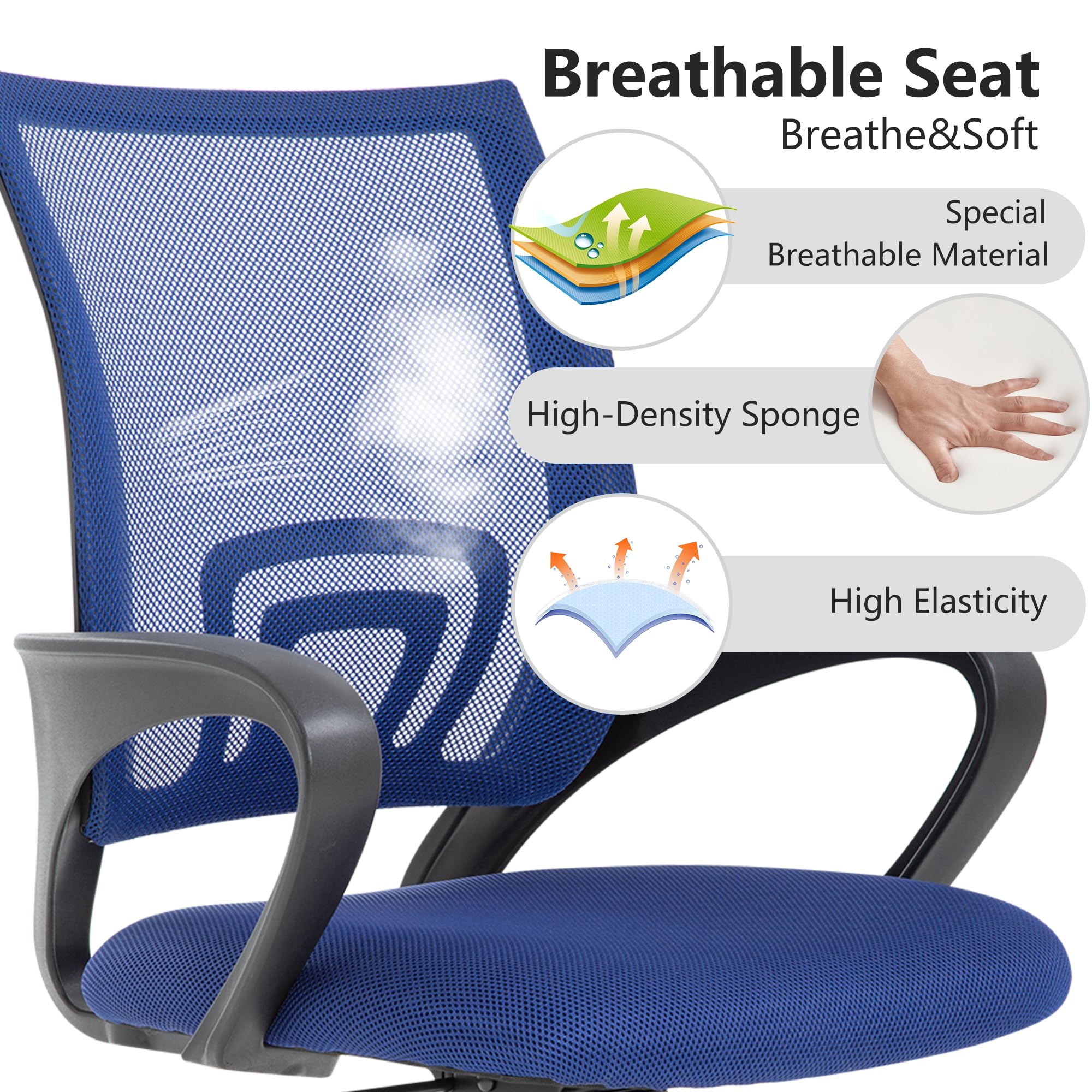 Ergonomic Office Chair | Mid-Back Swivel Desk Chair | Breathable Backrest & Lumbar Support | Adjustable Height | Sponge Seat | Rolling Wheels | Dark Blue | for Adults & Women