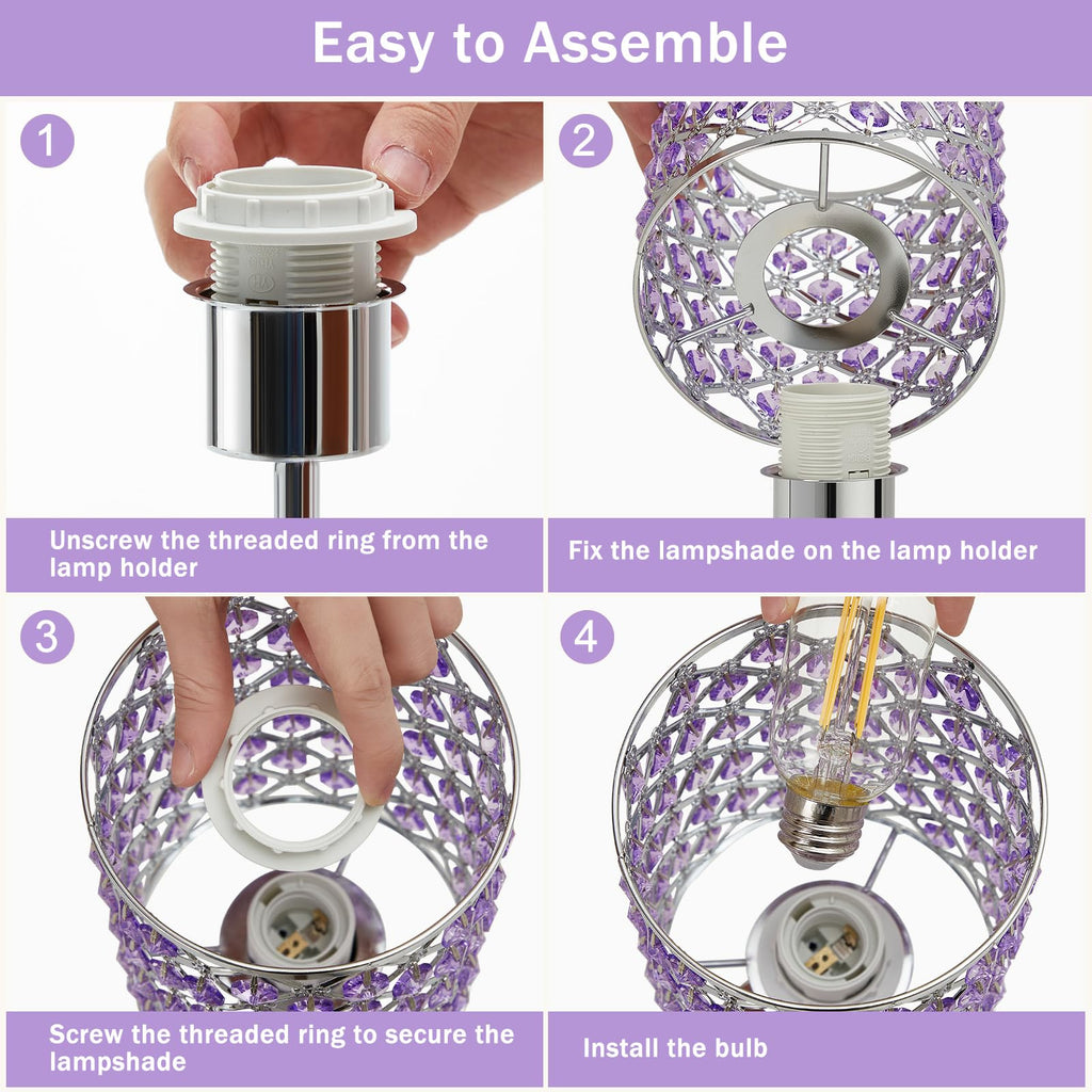 Purple Crystal Bedside Table Lamps Set of 2 with USB C+A Ports