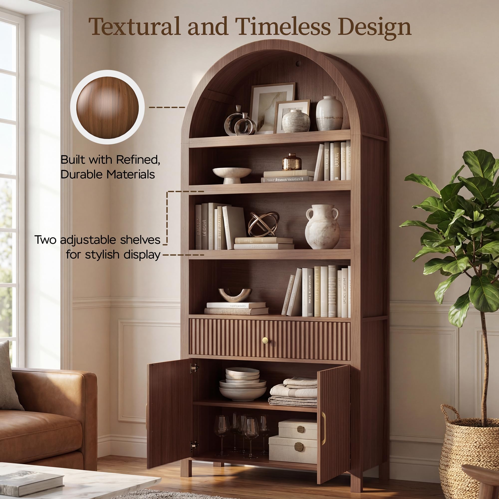 Book Shelf 70" Tall Bookcase with Drawer, 7-Tier Arched Cabinet with Storage and Fluted Door, Mid-Century Modern Modular Arch Bookshelf for Office Living Room Bedroom Library (Walnut, 2)