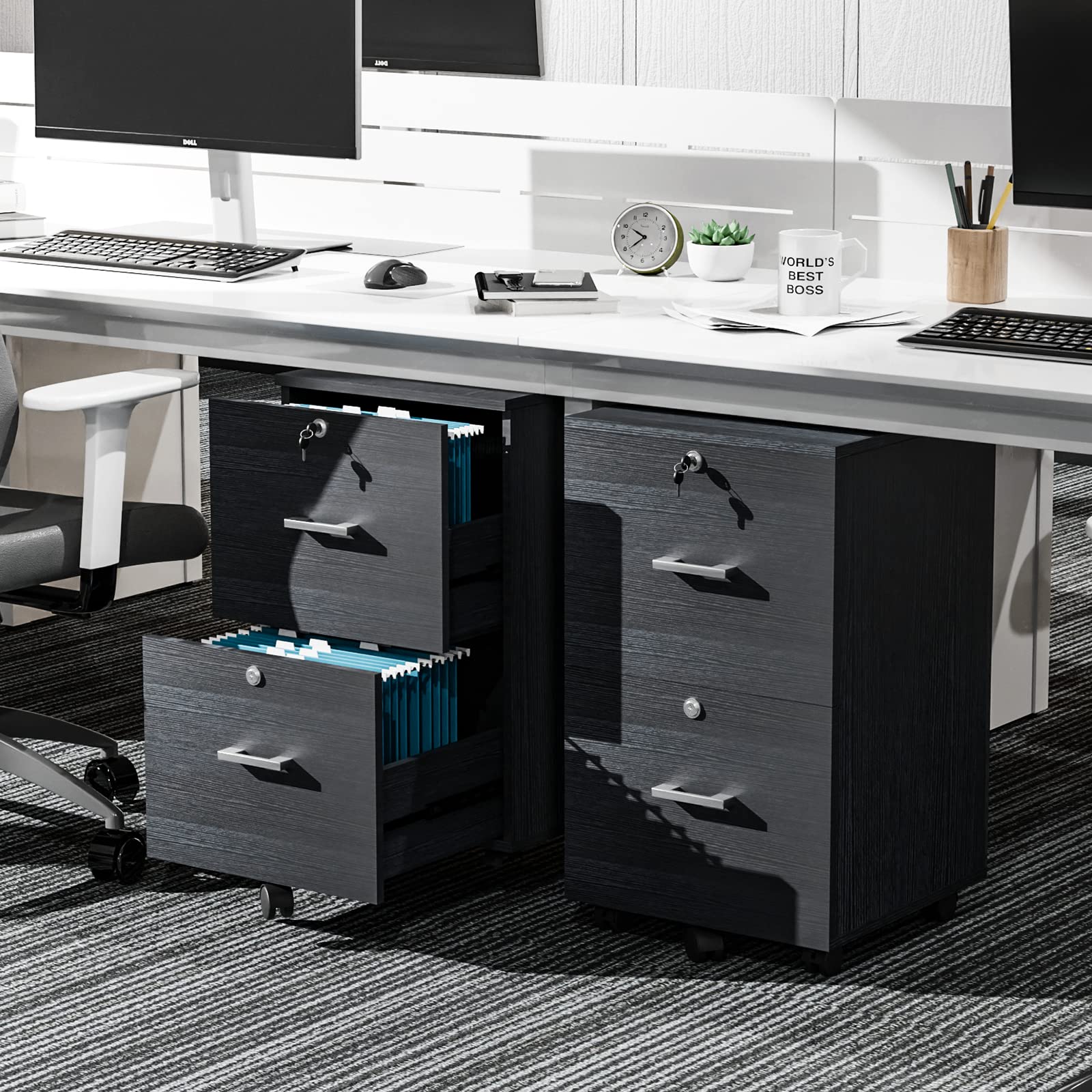 2-Drawer File Cabinet with Lock, Small Rolling Wood Filing Cabinet for Hanging Letter Size Filings with Tabs, Mobile Under Desk File Organizer for Home Office, Classic Black, 27.2" H