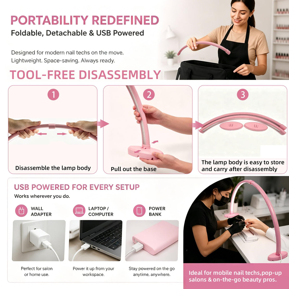 Half Moon Nail Desk Lamp, 23” Foldable Nail Tech Light, 10-Level Dimming & 3 Color Temperatures, Pink Arch Light for Manicure, Eyelash, Tattoo & Skin Care