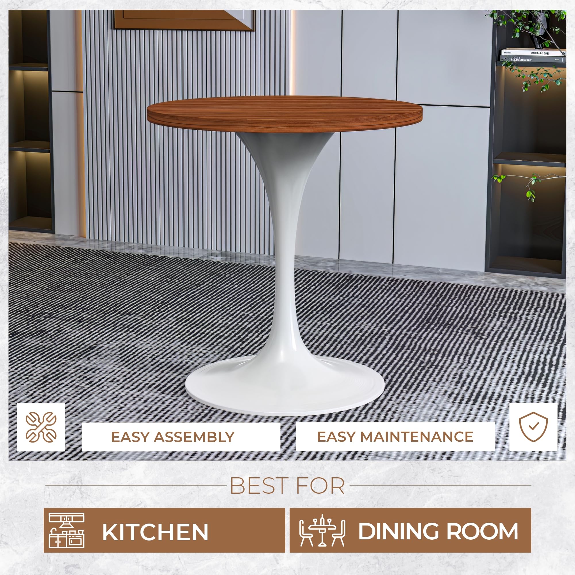 LeisureMod Verve Mid-Century Modern 27 Inch Round Dining Table, MDF Wood Tabletop with White Steel Pedestal Base, Contemporary Kitchen & Dining Room, Small Space Breakfast Table, Cognac Brown