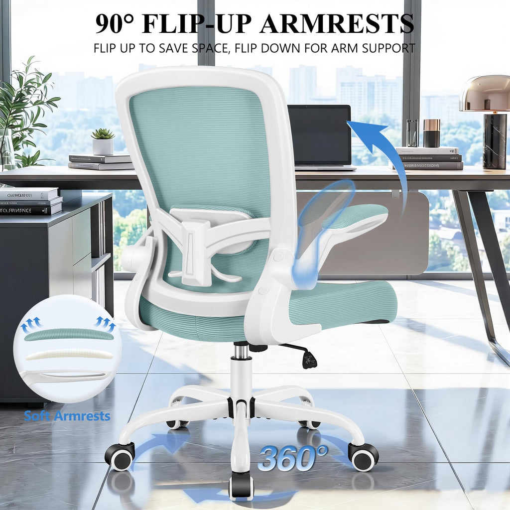 Office Chair, Ergonomic Desk Chair Breathable Mesh Chairs Adjustable High Back Lumbar Support Flip-up Armrests, Executive Rolling Swivel Comfy Computer Chairs Home Office Light Blue