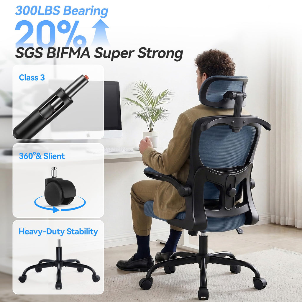 Office Chair Ergonomic Desk Chairs with Adjustable Lumbar Support& Headrest Hanger, High Back Breathable Mesh Chair with Wheels, Rolling Swivel Comfy Task Computer Chair for Home Work Gaming