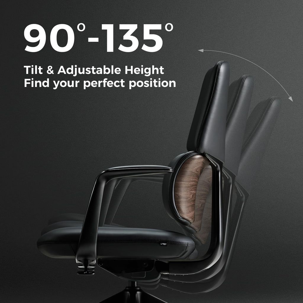 Genuine Leather Office Desk Chair, Ergonomic Leather Office Chair Mid Back, Upgraded Wood Grain Finish and S Curve Back with Solid Aluminum Frame, Luxury and Mordern