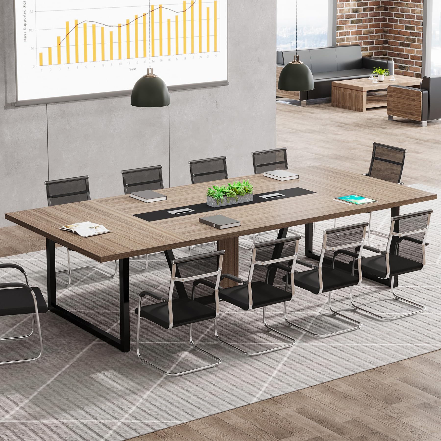 8FT Conference Table, 94.49 L x 47.24 W x 29.53 H Inches Large Meeting Podcast Table for 10 People, Business Style Wooden Training Table with Strong Metal Frame for Office Conference