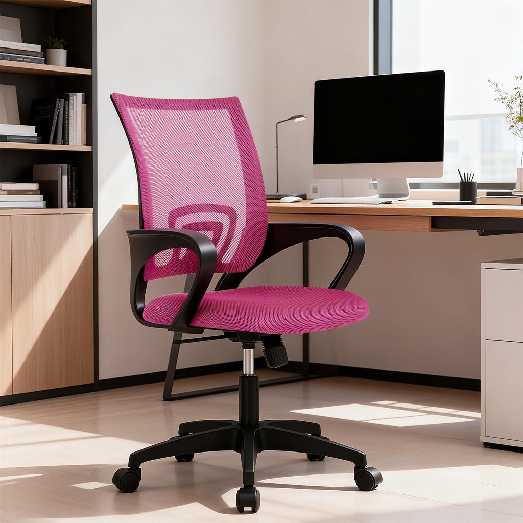 Ergonomic Office Chair | Mid-Back Swivel Desk Chair | Breathable Backrest & Lumbar Support | Adjustable Height | Sponge Seat | Rolling Wheels | Peach Pink | for Adults & Women