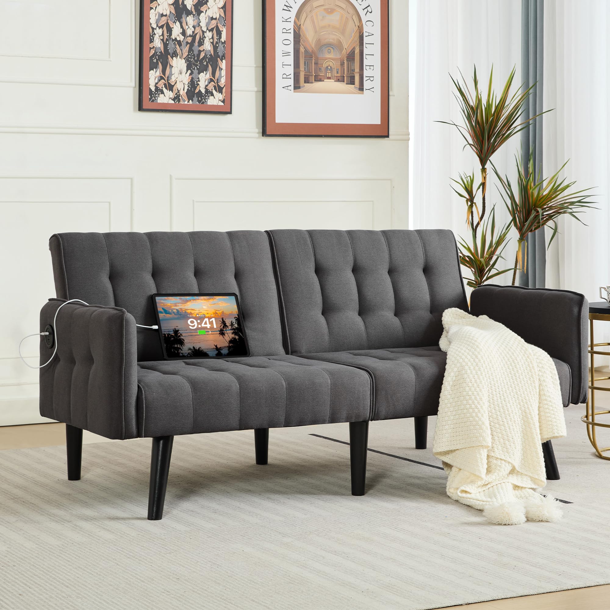 65“ Convertible Futon Sofa Bed w/ 2 USB, Upholstered Tufted Small Adjustable Folding Couch Loveseat, Modern Mid Century Sleeper Sofa for Office, Living Room, Bedroom, Apartment (Dark Grey)