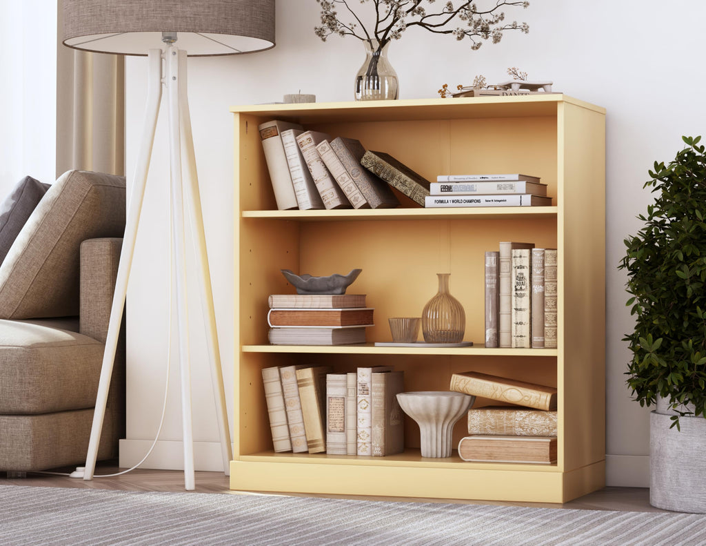 Solid Wood Bookcase - 3 Tier Floor Standing Bookshelf - 36" Short Storage Cabinet, 32” Wide - Yellow, Display Furniture for Living Space, 100% Eco-Friendly Wood, Made in Brazil