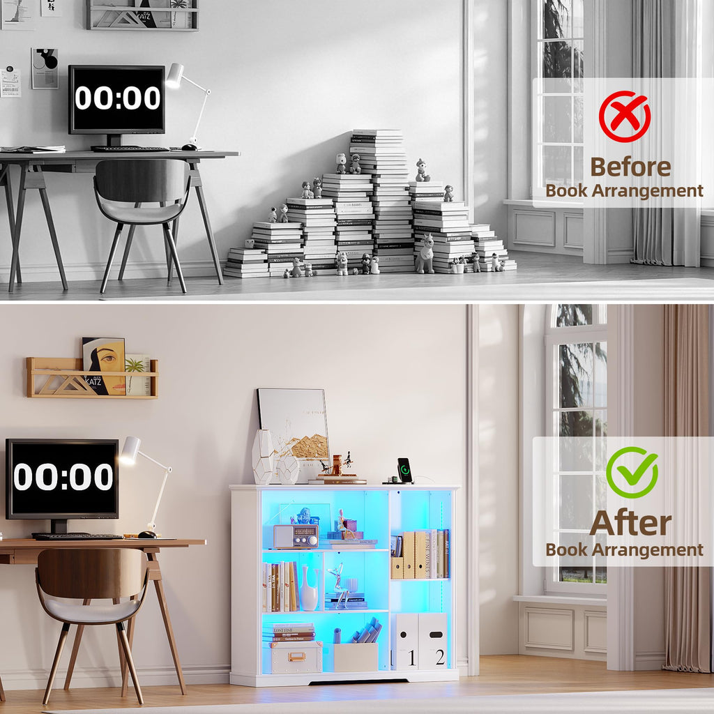 LED Bookcase with 3 Tiers, Motion Sensor and USB Charging - White