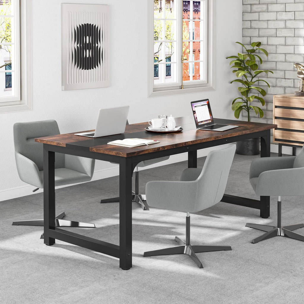 63” Executive Desk, Large Office Computer Desk with Thicken Frame, Modern Simple Workstation Business Furniture for Home Office, Vintage Brown/Black